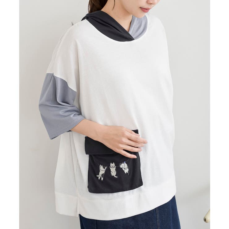 オフホワイト | キャット刺繍３配色パーカーＴシャツ | rps