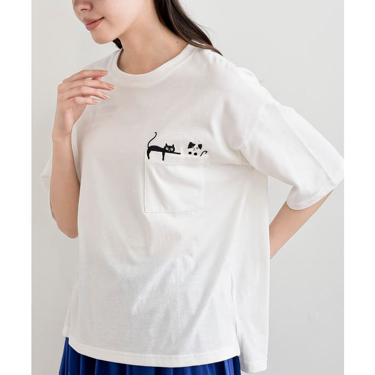 オフホワイト | ペアーキャット刺繍ポケットＴ | rps