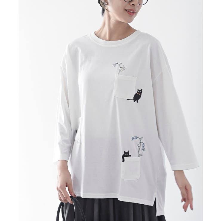 ねこだらけ3ポケット刺繍8分袖Tシャツ[品番：RPSW0003219]｜rps 