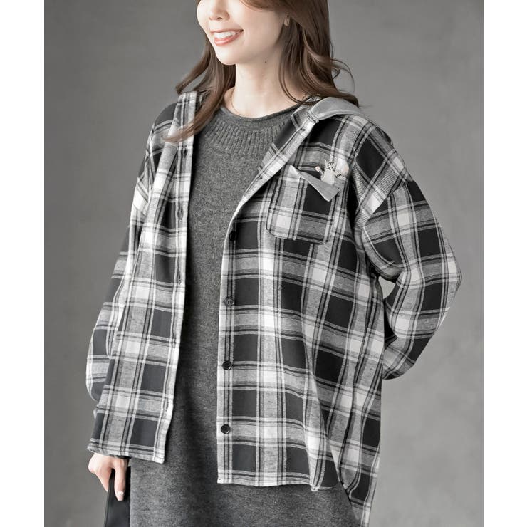 ブラック | ポケットキャットフード付きチェックシャツ | rps