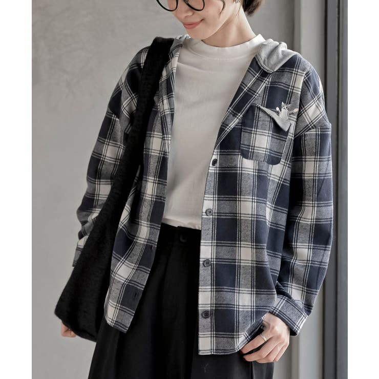 ネイビー | ポケットキャットフード付きチェックシャツ | rps