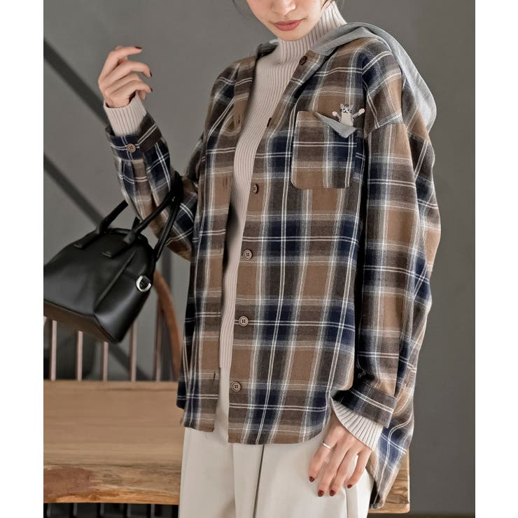 マスタード | ポケットキャットフード付きチェックシャツ | rps