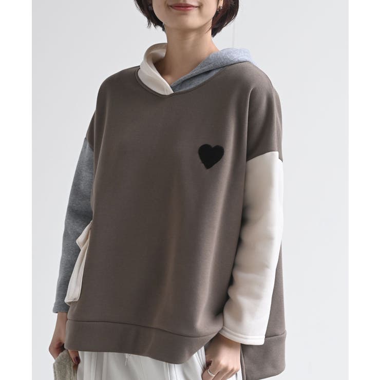 モカ | ハート刺繍裏起毛３配色パーカー | rps