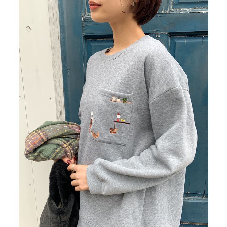 クッキングくま刺繍裾ドロスト裏起毛プルオーバー[品番：RPSW0003361