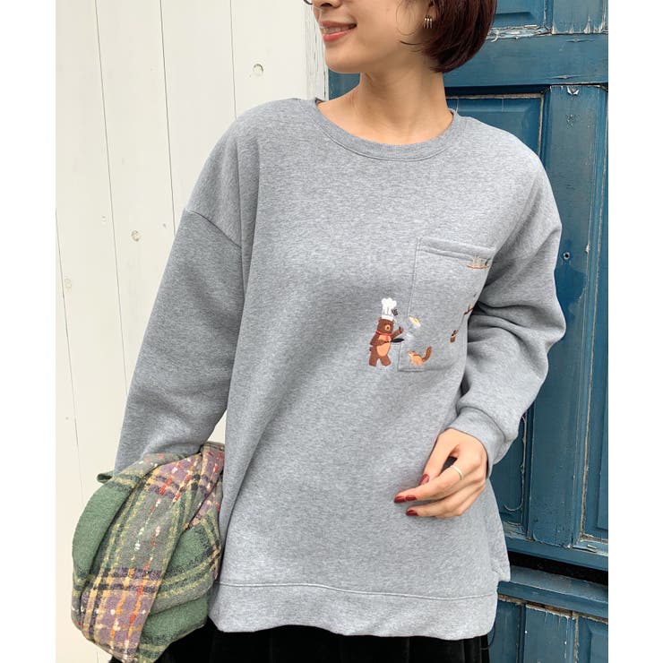 クッキングくま刺繍裾ドロスト裏起毛プルオーバー[品番：RPSW0003361