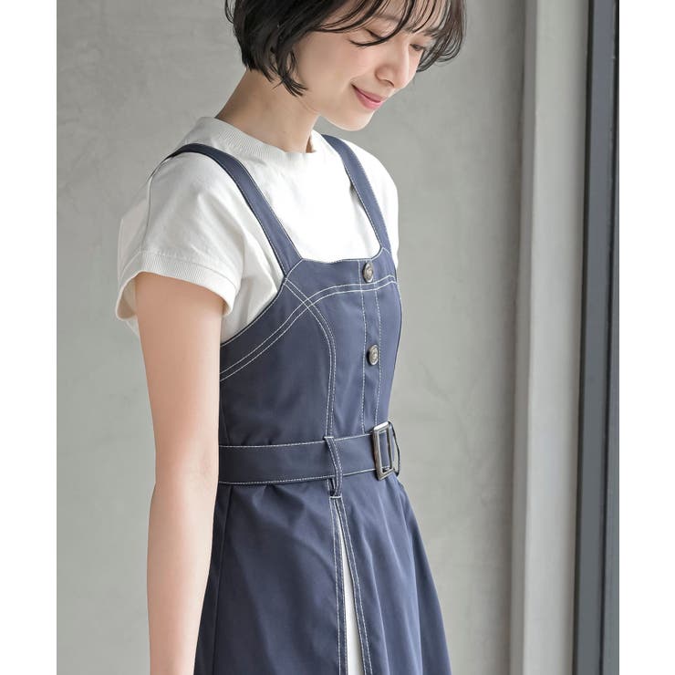 共リボン付き配色ステッチチュール切替ジャンスカ[品番：RPSW0003555]｜rps（アールピーエス）のレディース ファッション通販｜SHOPLIST（ショップリスト） [OWUSHNGV] 女性の秋のセット リボンステッチ ボタンダウン カジュアル トレンド トップ シンプルな無地パンツ レディース