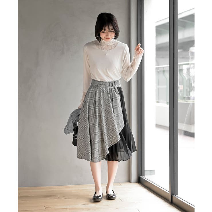 合繊ラッフル×シフォンプリーツ切替スカート[品番：RPSW0002644