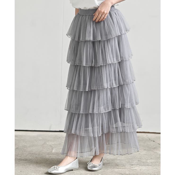 グレー | ６段ティアードチュールロングスカート | rps