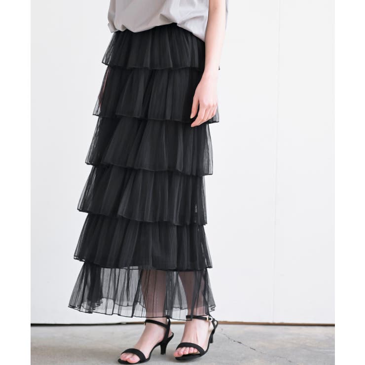 ブラック | ６段ティアードチュールロングスカート | rps