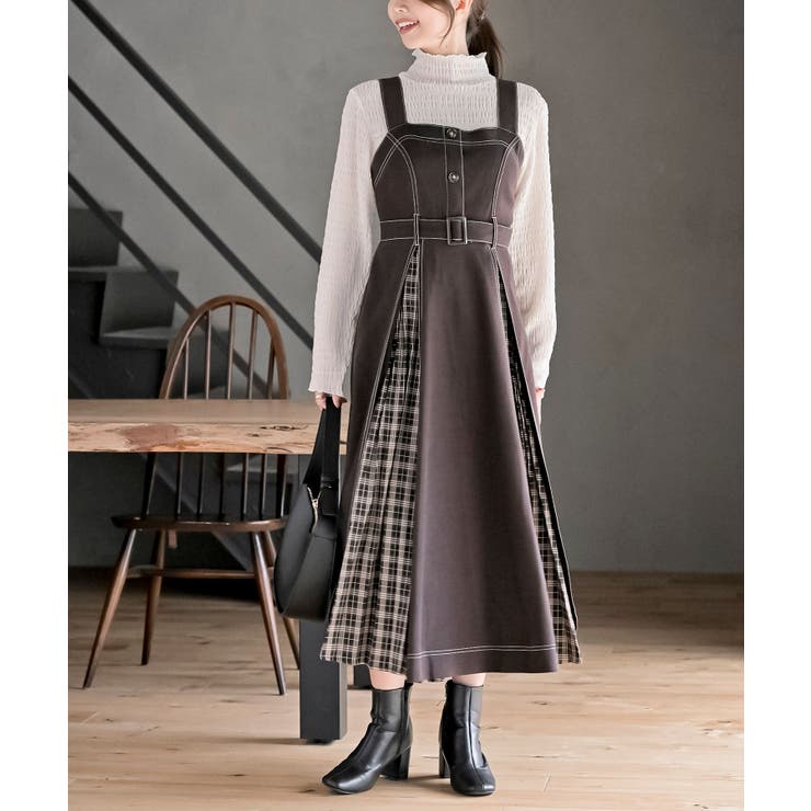 Dブラウン | チェックプリーツ切替ジャンドレ | rps