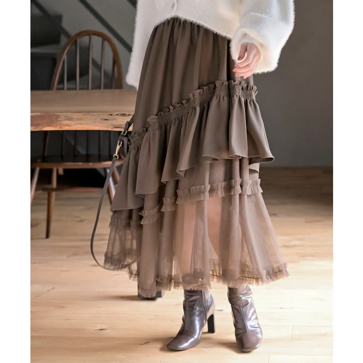 チュールフリル切替アシメトリースカート[品番：RPSW0004070]｜rps