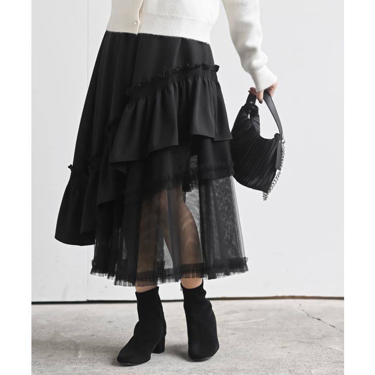 ブラック | チュールフリル切替アシメトリースカート | rps