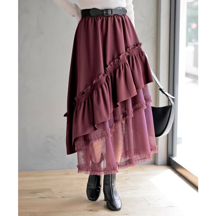 ボルドー | チュールフリル切替アシメトリースカート | rps