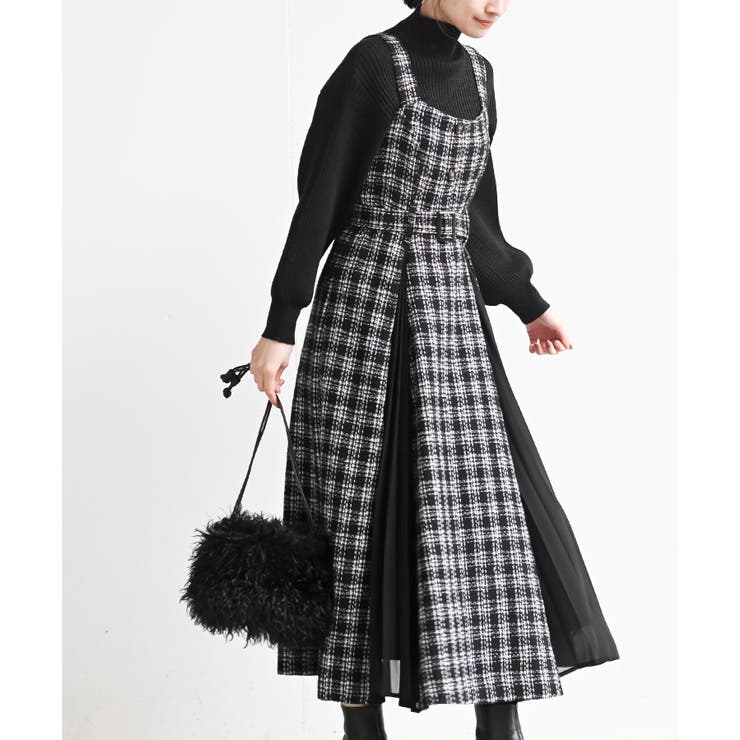 ブラック | シフォンプリーツ切替ツィードジャンドレ | rps