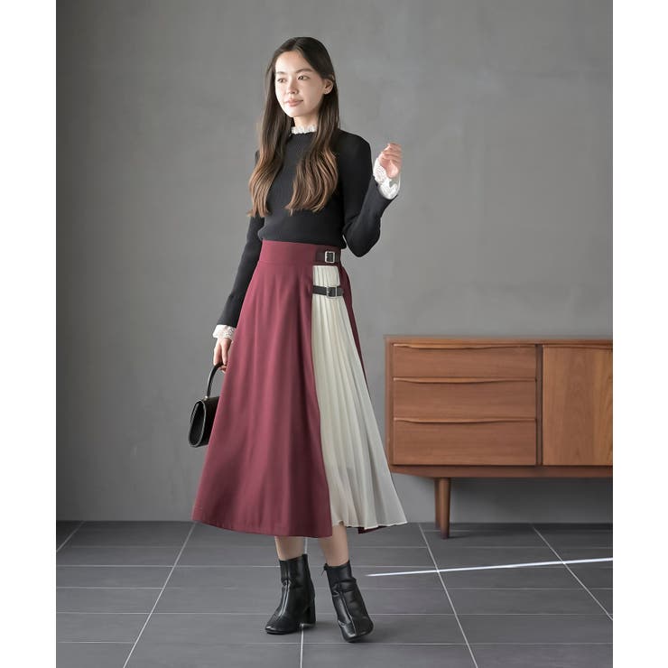 合皮バックル付きシフォンプリーツ切替スカート | rps | 詳細画像18 