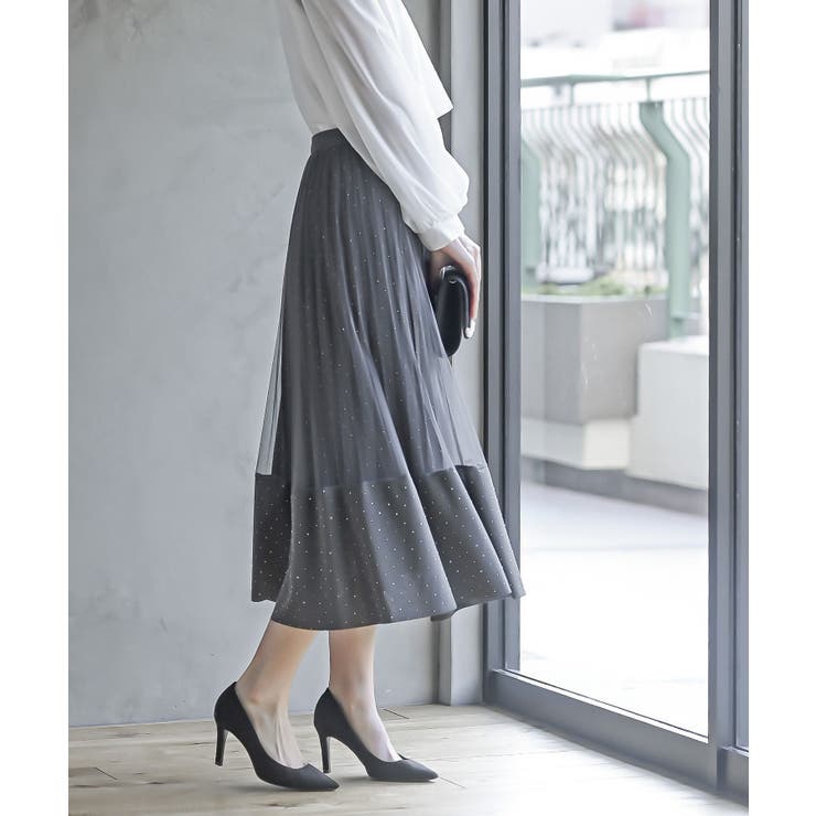 ラインストーンチュールレイヤープリーツスカート[品番：RPSW0003366