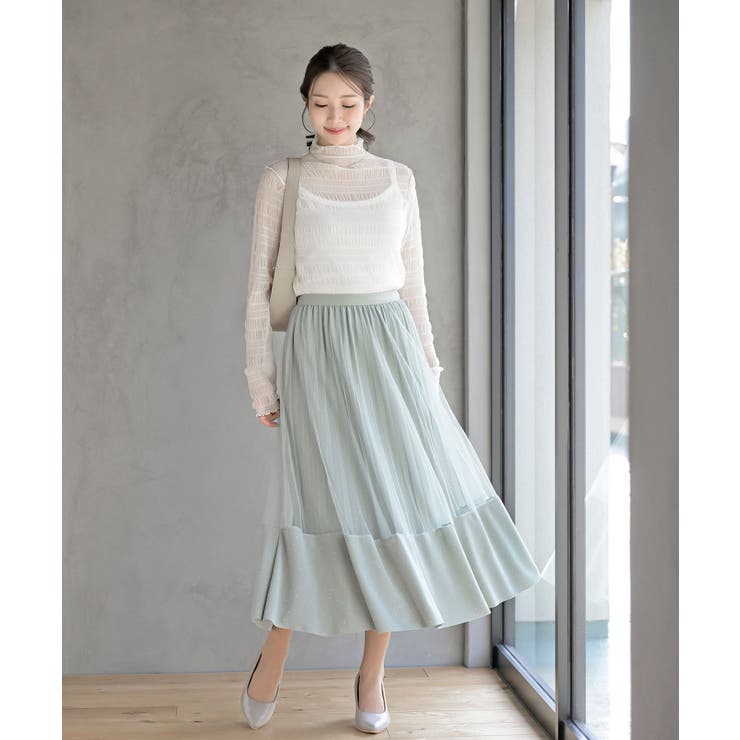 ラインストーンチュールレイヤープリーツスカート[品番