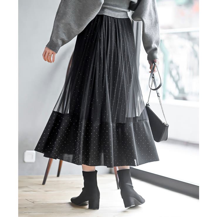 ラインストーンチュールレイヤープリーツスカート[品番：RPSW0003366