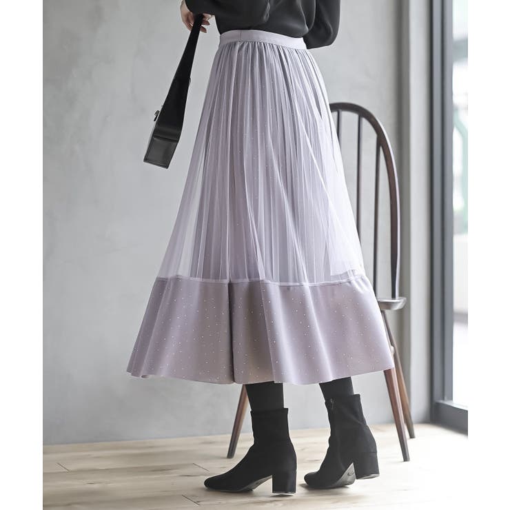 ラインストーンチュールレイヤープリーツスカート[品番：RPSW0003366