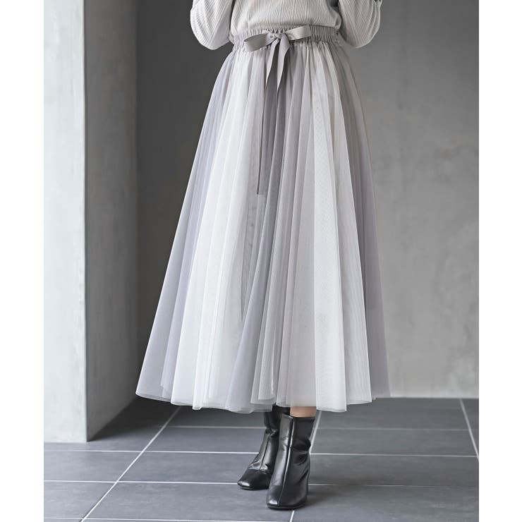 ライトグレー | ウエストリボンチュール配色ロングスカート | rps