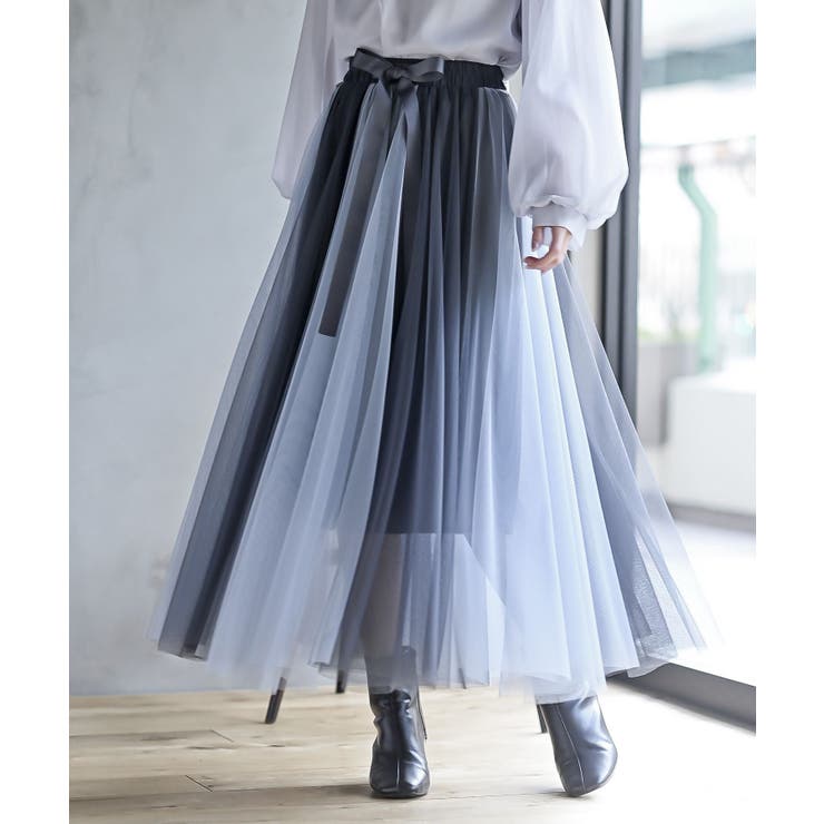 グレイッシュB | ウエストリボンチュール配色ロングスカート | rps