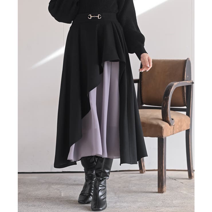 ブラック | ビット付きラッフルアシメトリー切替スカート | rps