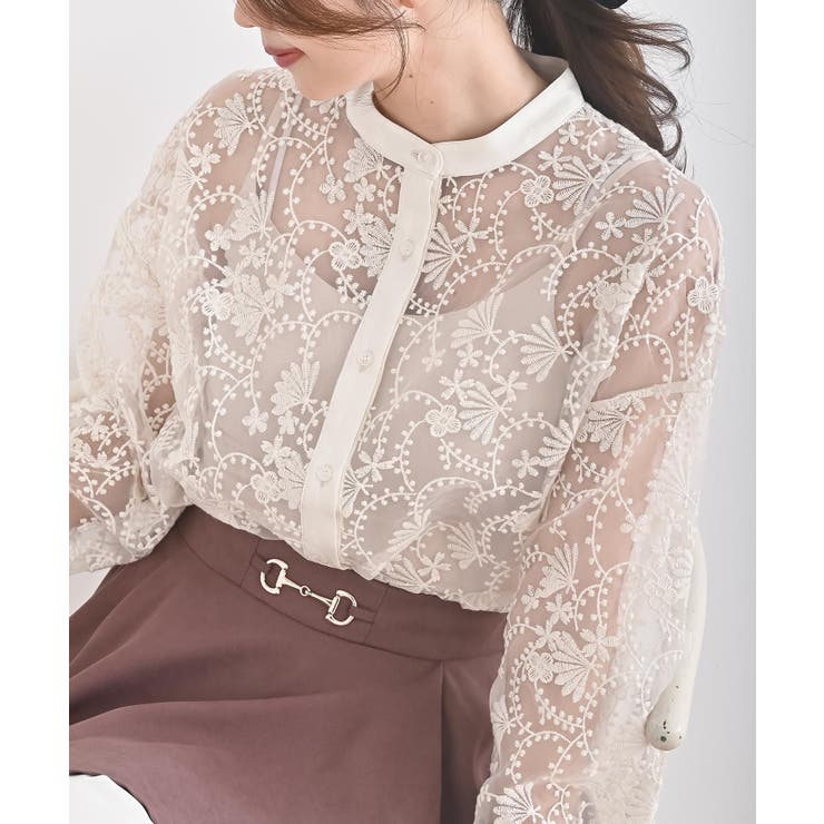 アイボリー3 | バンドカラー刺繍シアーブラウス | rps