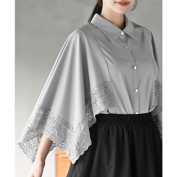 グレー | ふちどりレースケープブラウス | rps