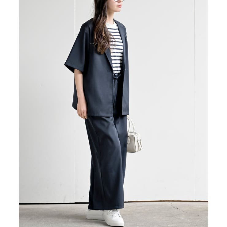 ネイビー | 半袖テーラージャケット＋ワイドパンツセットアップ | rps