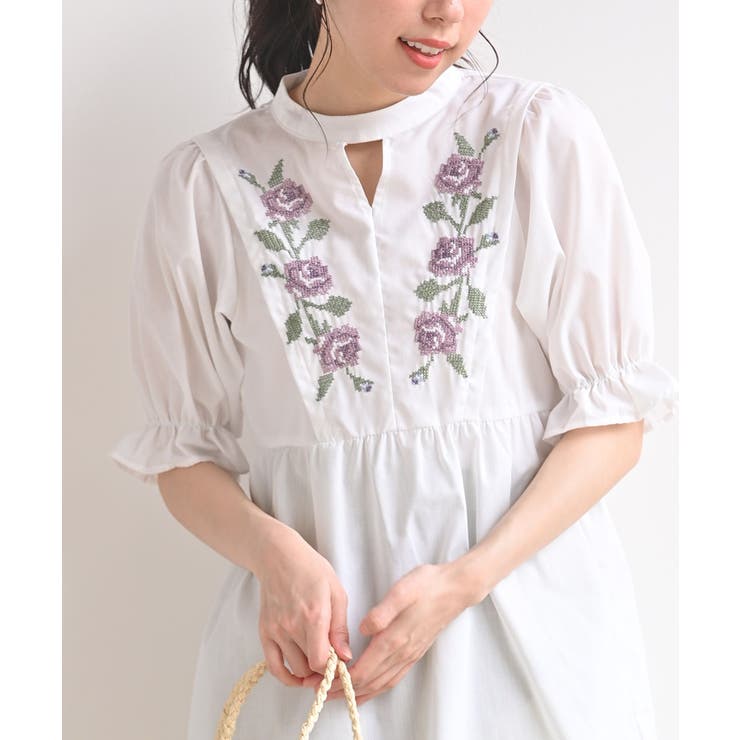 クロス刺繍ウイングスリーブ5分袖チュニック[品番：RPSW0000333]｜rps