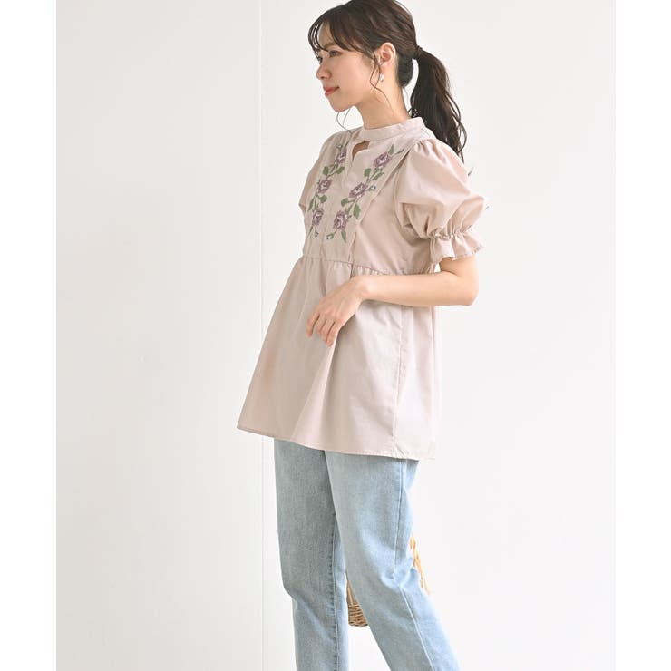 クロス刺繍ウイングスリーブ5分袖チュニック[品番：RPSW0000333]｜rps