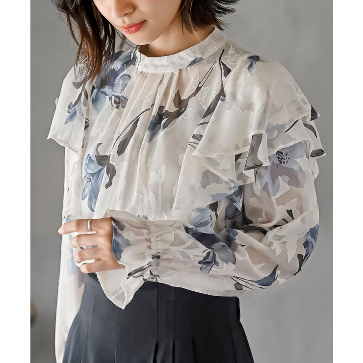 ブルー | ジャガード花柄フリルブラウス | rps