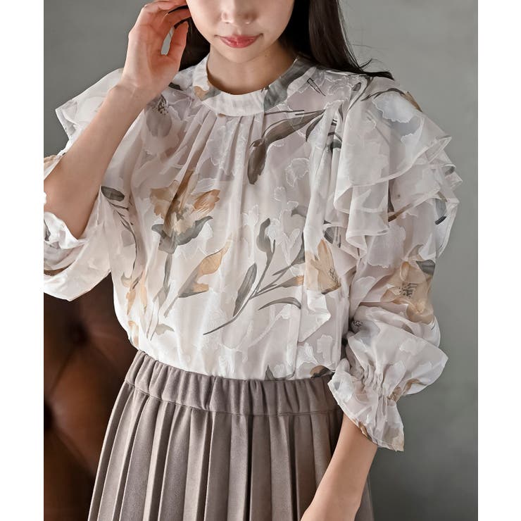 イエロー | ジャガード花柄フリルブラウス | rps