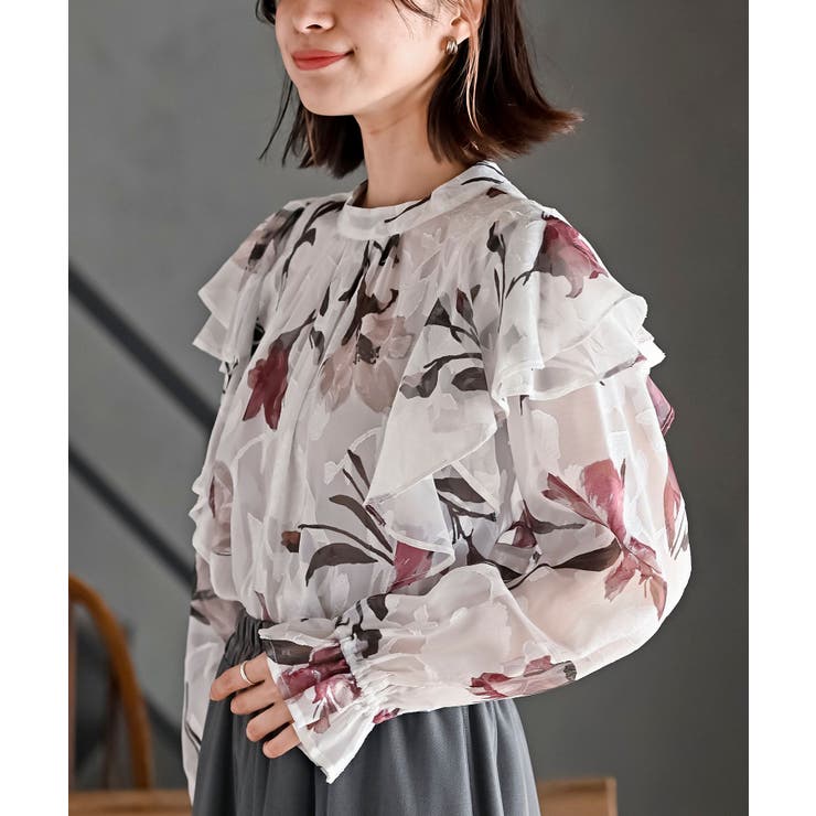 ボルドー | ジャガード花柄フリルブラウス | rps