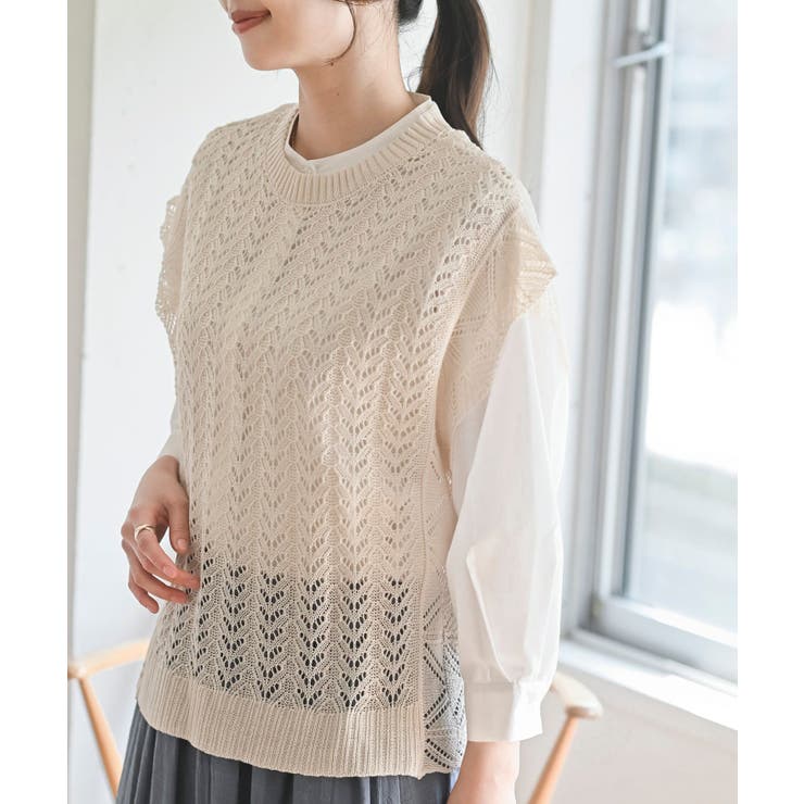 アイボリー | 透かし編みベスト＋７分袖シャツアンサンブル | rps