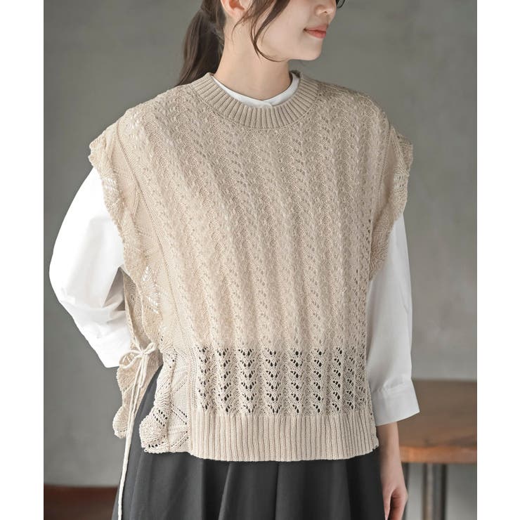 ベージュ | 透かし編みベスト＋７分袖シャツアンサンブル | rps