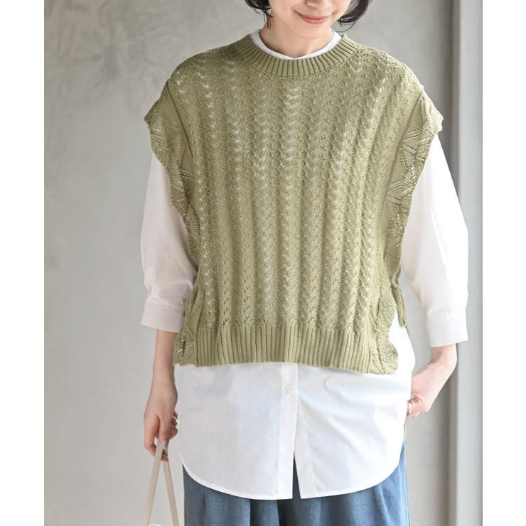 グリーン | 透かし編みベスト＋７分袖シャツアンサンブル | rps