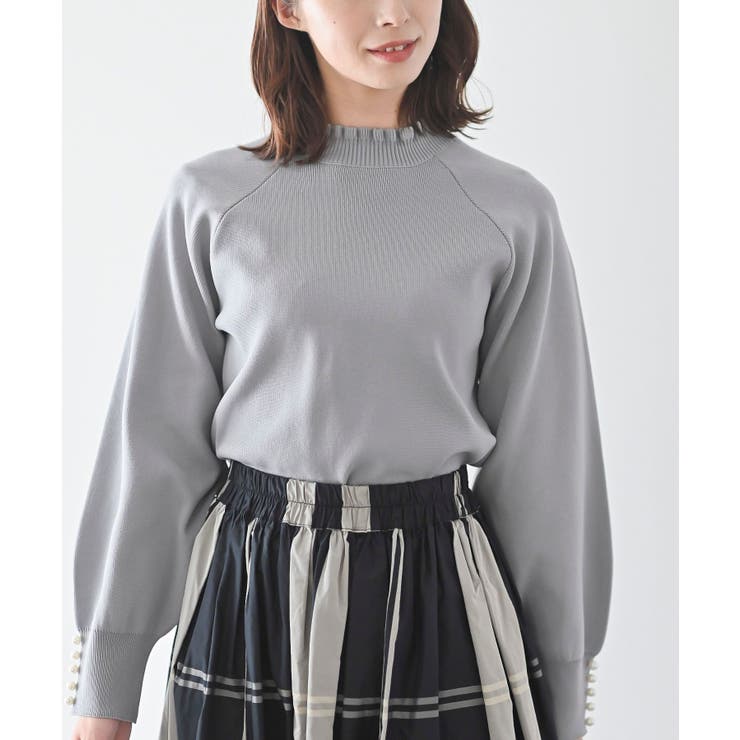 グレー | 袖口パールフリルネックスポンジニットプルオーバー | rps