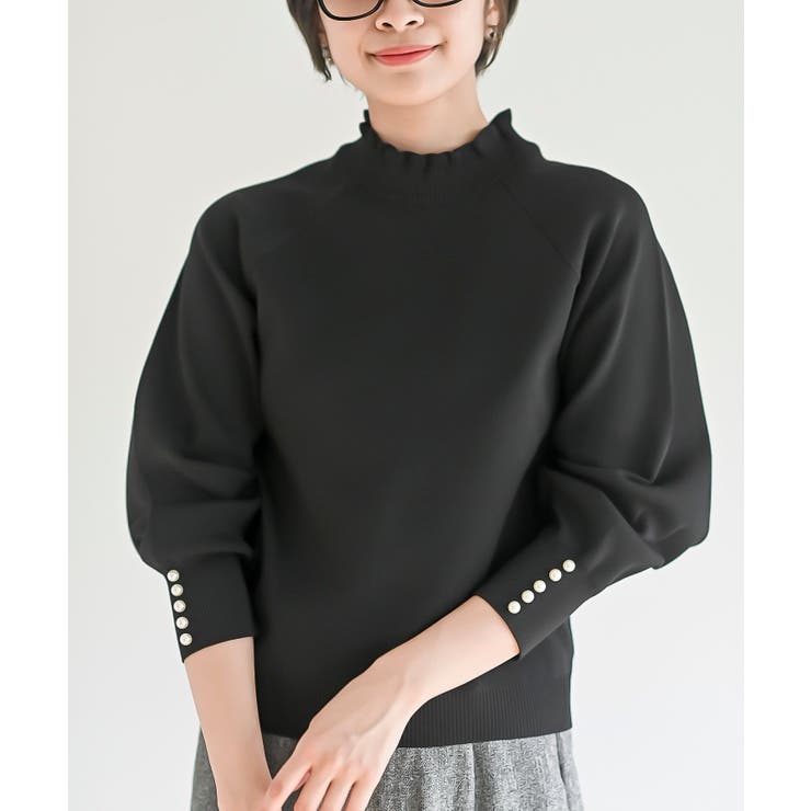 ブラック | 袖口パールフリルネックスポンジニットプルオーバー | rps