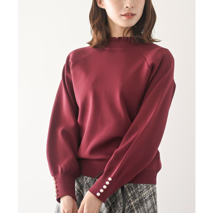 ボルドー | 袖口パールフリルネックスポンジニットプルオーバー | rps