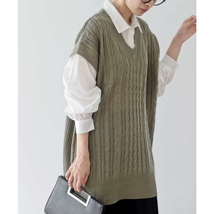 カーキ | ケーブルニットベストドッキングシャツ | rps