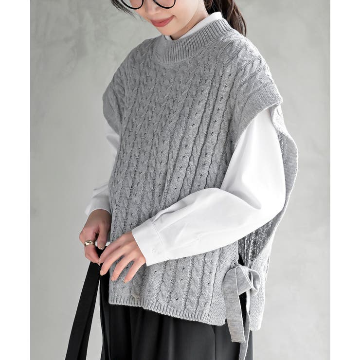 杢グレー | サイドリボンケーブルニットベスト | rps