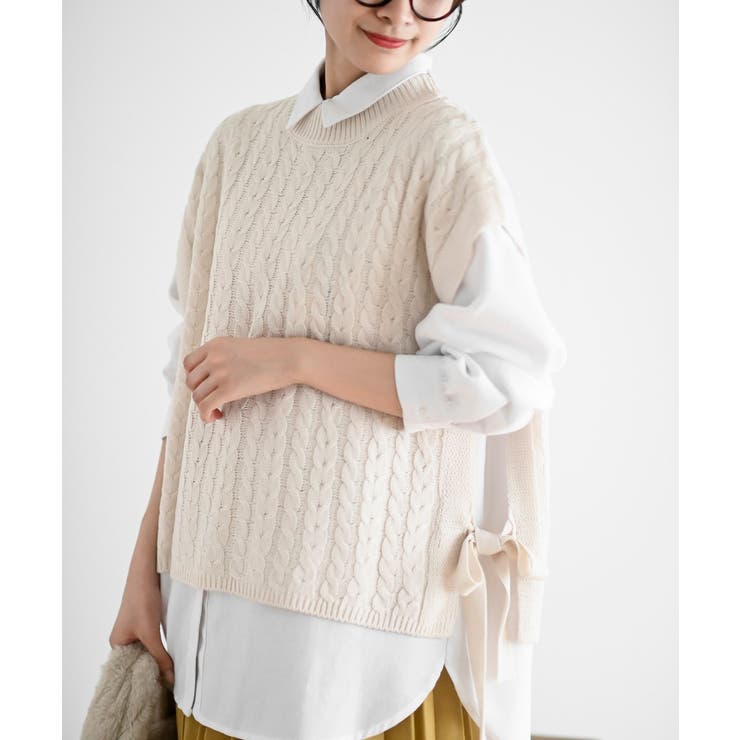 オフベージュ | サイドリボンケーブルニットベスト | rps