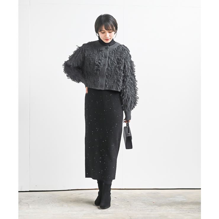 【BLACK】ループ フリンジ オーバー ニットカーディガン UNITED ARROWS - 【BLACK】ループ フリンジ オーバー ニット