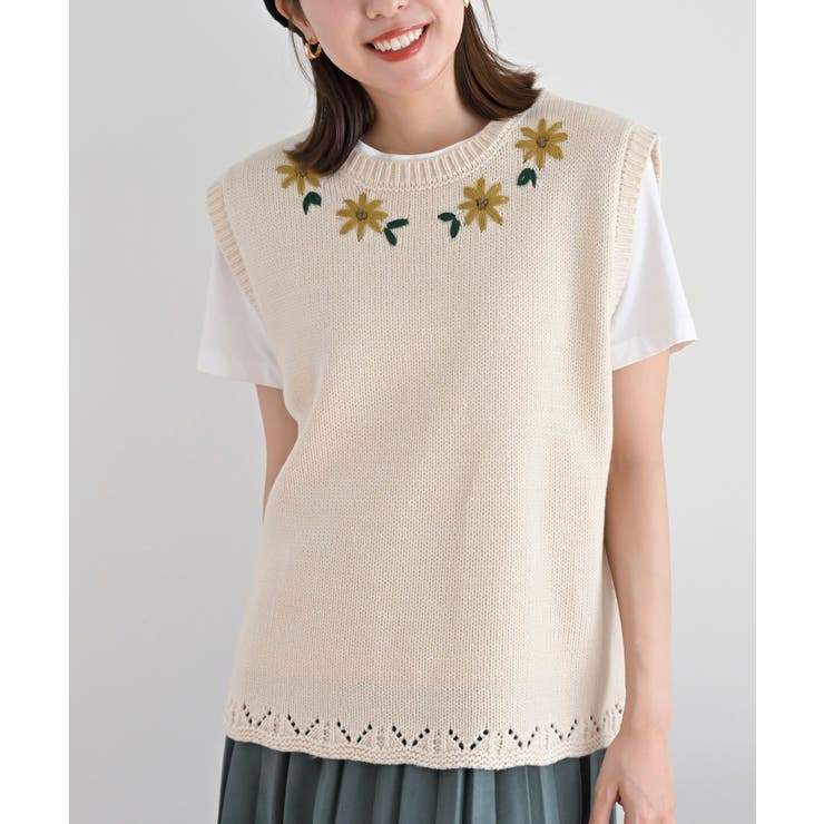 アイボリー | フラワー刺繍クルーネックニットベスト | rps