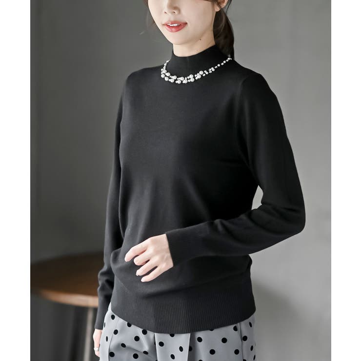 ブラック | パールビジューネックハイネックニットプルオーバー | rps