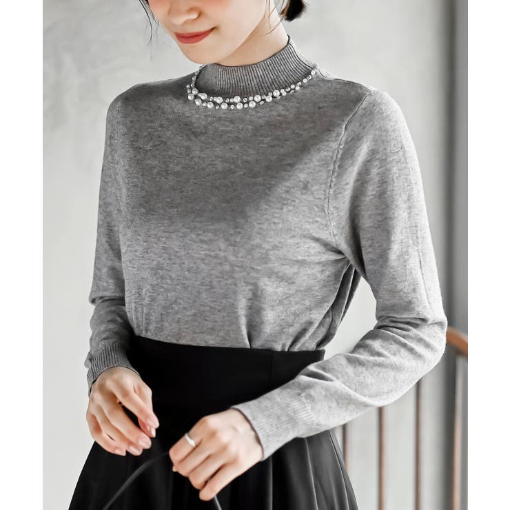 杢グレー | パールビジューネックハイネックニットプルオーバー | rps