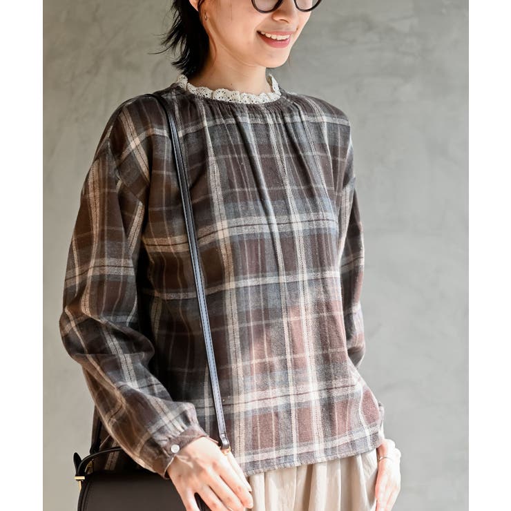 ブラウン | 衿レースチェックブラウス | rps