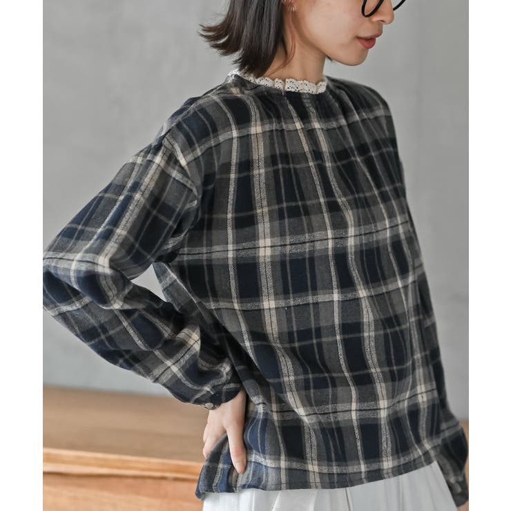 ネイビー | 衿レースチェックブラウス | rps