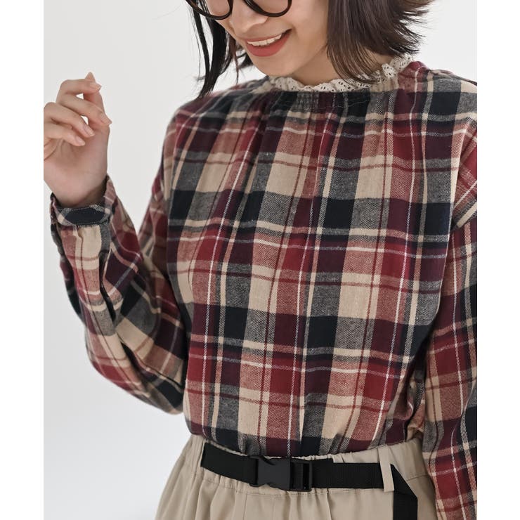 レッド | 衿レースチェックブラウス | rps